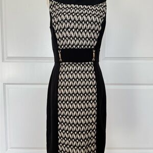 Black and Cream Patterned Midi Sheath Dress with Gold Accents